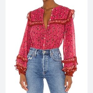 Free People Jenna Floral Blouse Top Shirt Size M Pink Boho Casual Cottagecore
